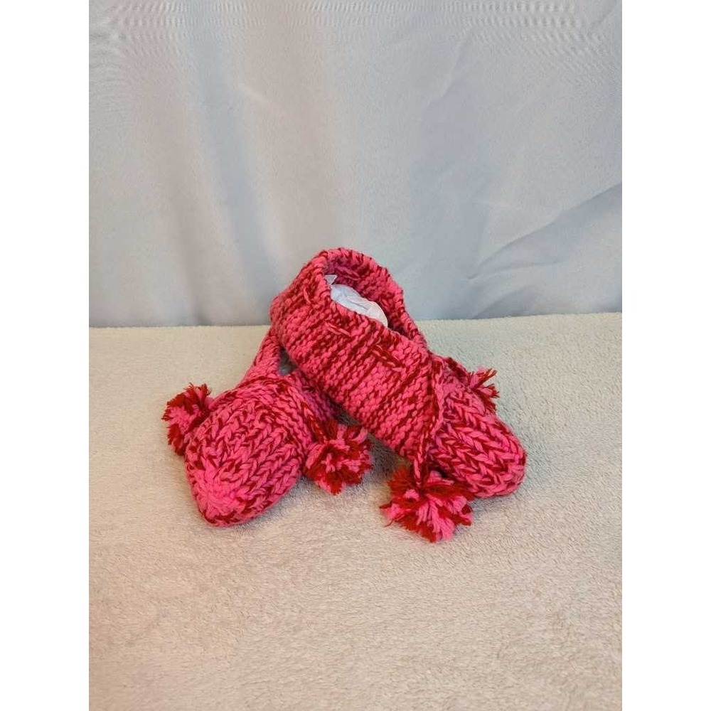 Handmade Crochet Booties Slippers Pink Red Pom Poms Cozy Comfort‎